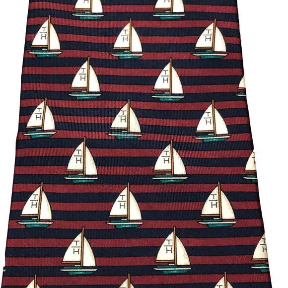 Vintage Tommy Hilfiger Double Pattern Tie Italian Silk USA Sailboats Stripes EUC - Picture 2 of 4